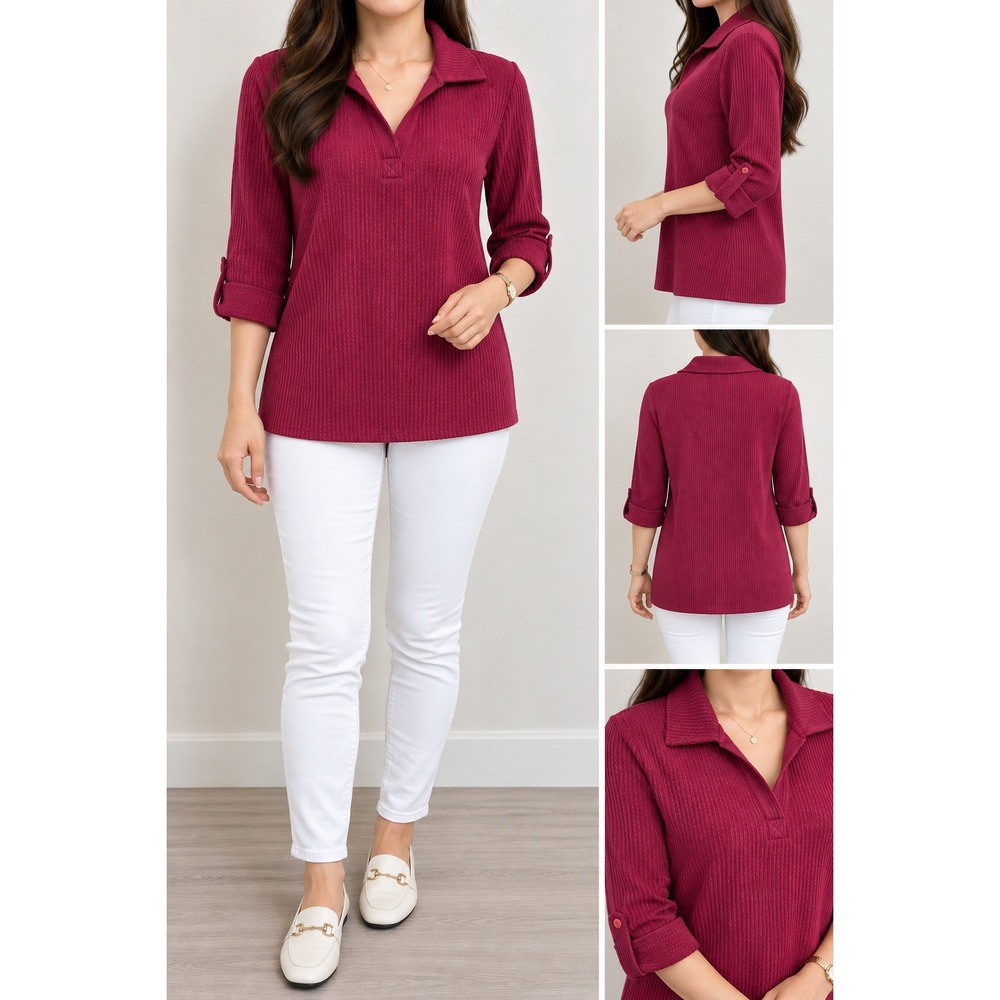 Ninety Clothing Co Women Burgundy Waffle Knit Roll Tab Sleeve Polo Top Small